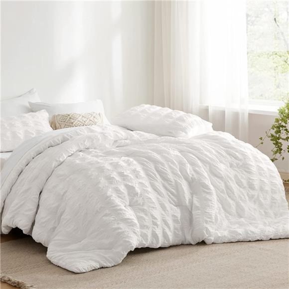 Queen Comforter Set 7 Pieces Plaid Seersucker Bedding Set, Soft Lightweight Down